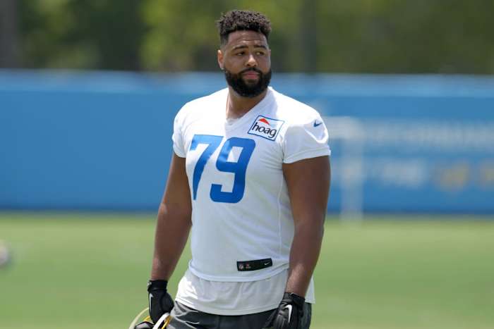 Jun 14, 2022; Costa Mesa, California, USA; Los Angeles Chargers tackle Trey Pipkins III (79) during minicamp at the Hoag Performance Center. Mandatory Credit: Kirby Lee-USA TODAY Sports